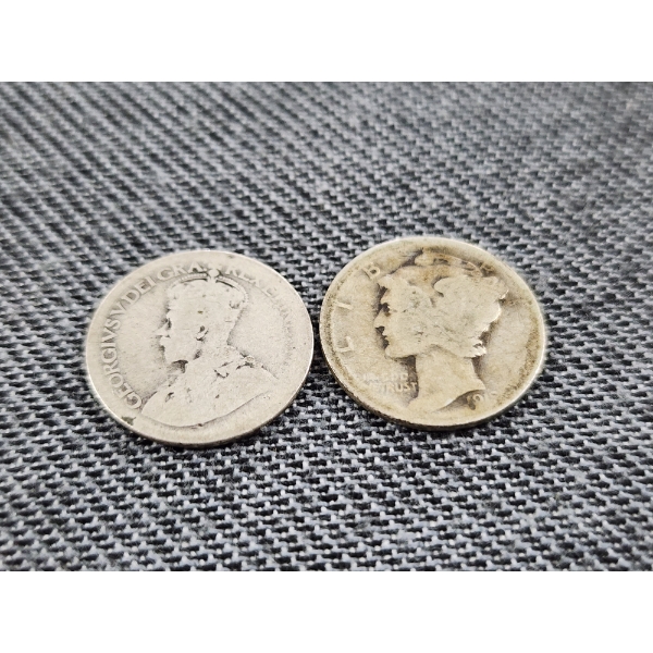Two Small Silver Coins - Early 1900's Mercury Dime & Early Canadian 5 Cent - Total ASW: 0.1023 OZ