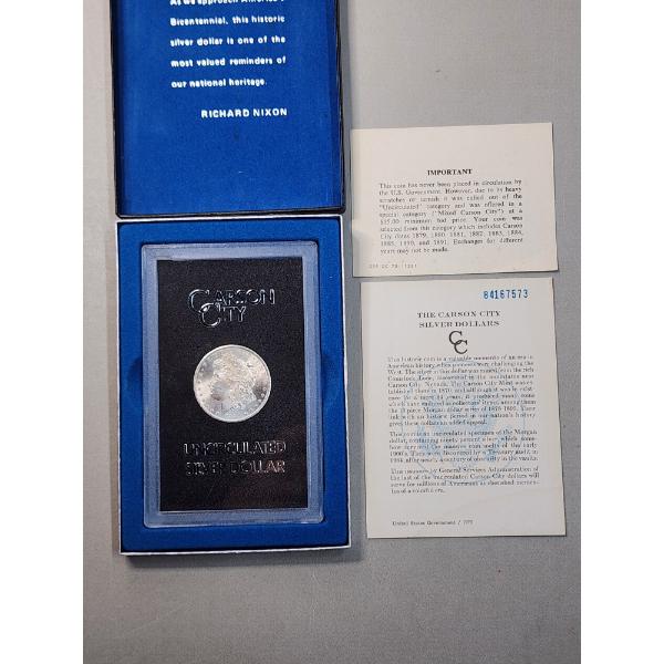 1884 Carson City Uncirculated Morgan Silver Dollar in Display