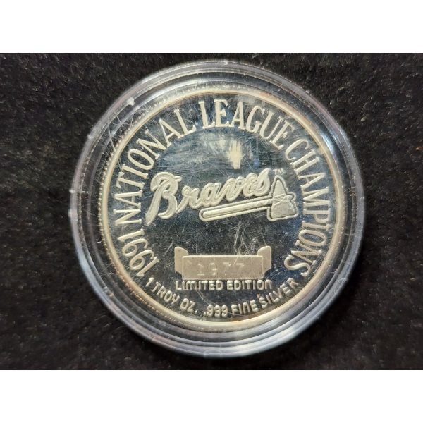 Vintage 1991 National League Champions One Troy Ounce .999 Fine Silver Braves Round