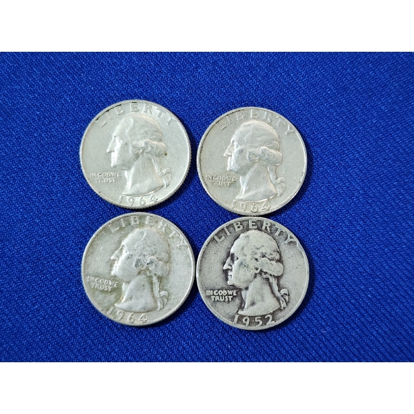 x4 Assorted Years U.S. 90% Silver Washington Quarters FV: $1.00
