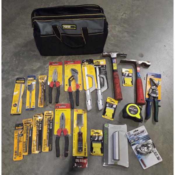 New 16'' Tool Bag With New Pliers, Saws, Tape Measure, DeWalt Bits, Headlamp And More!
