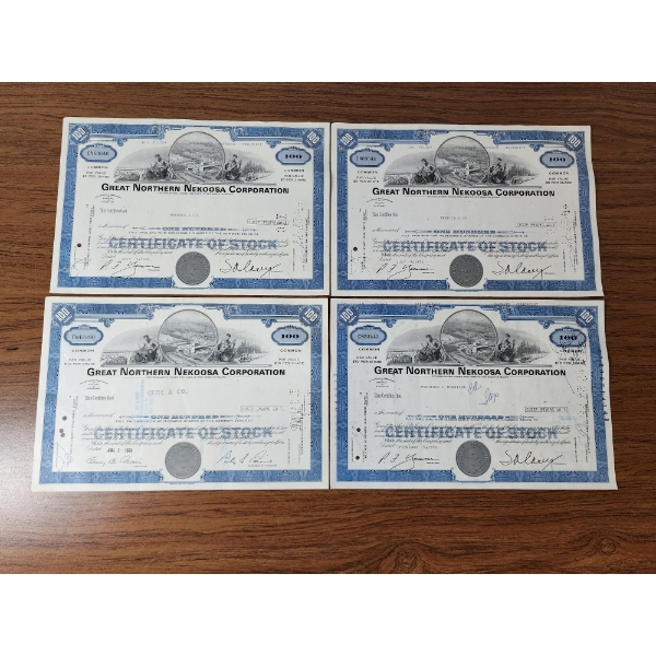 Lot of (4) Great Northern Nekoosa Corporation Stock Certificates - Dated 1974 & 1976