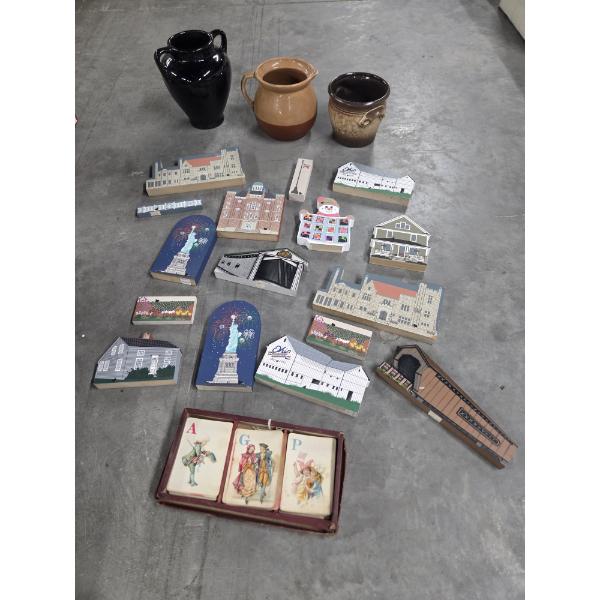 Vintage Collectables Including Card Game, Bakeware, Pottery, & Wooden Hand Painted Landmark Replica 