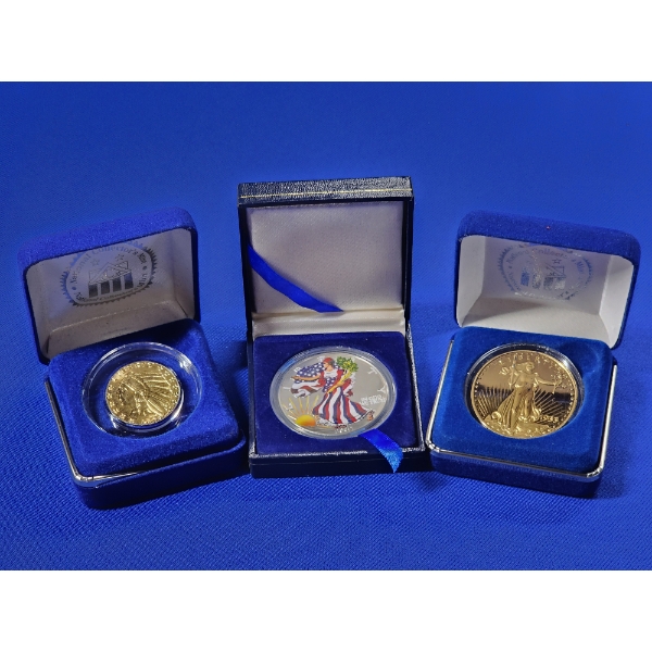 Colorized 2002 American Eagle 1 oz Silver Eagle, & 2 Gold-Plated Copy Coins