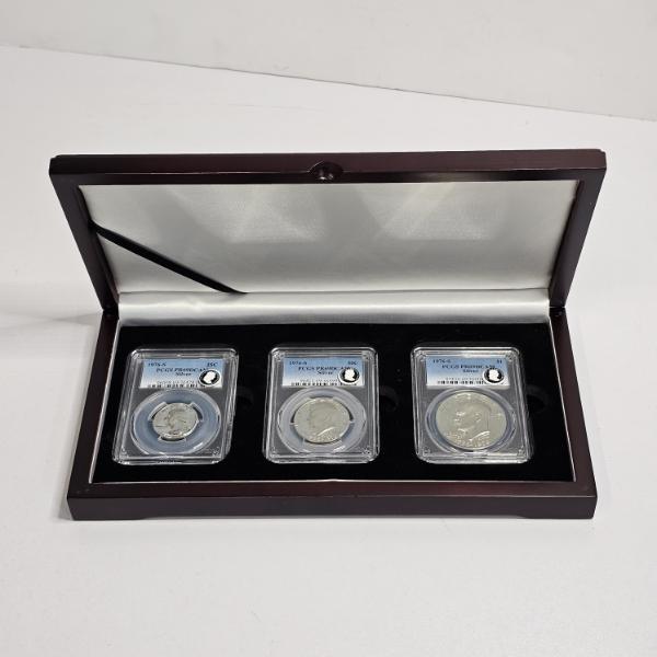 1976-S 3-Coin Bicentennial 40% Silver Proof Set with Wooden Display Box (10.5x1.5x5")