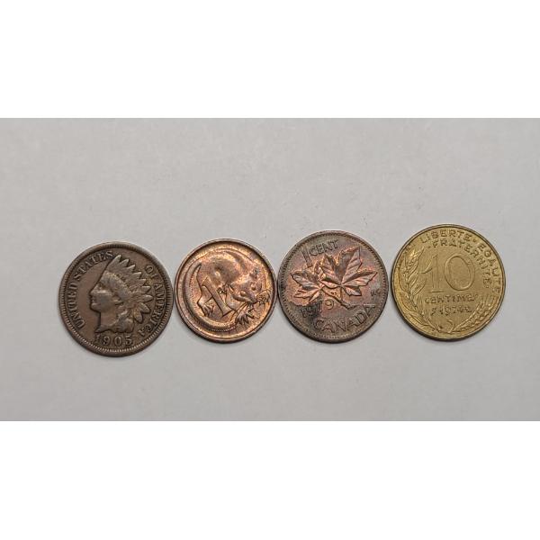 U.S 1905 Indian Head Cent, Austrialian Cent, Canadian Cent & France 10 Centimes Coin
