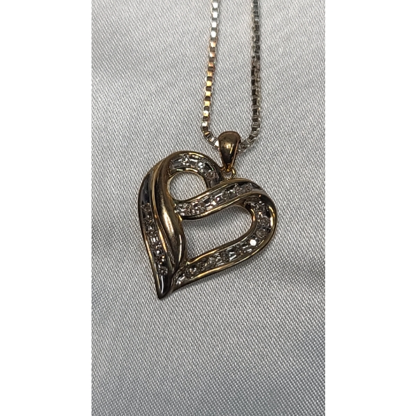 14K Gold Heart Pendant With Diamonds On Sterling Silver Chain - See Description For Weights