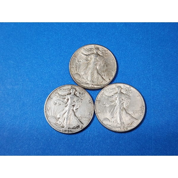 x3 90% Silver Walking Liberty Half Dollars: 1943, 1946, 1944 FV: $1.50