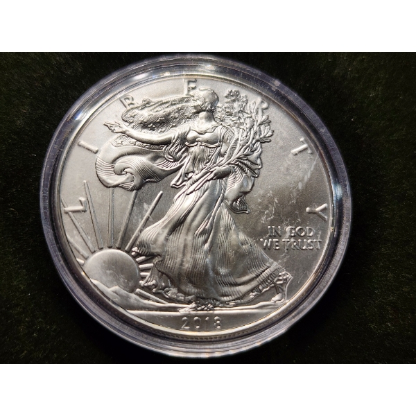 1 Oz .999 Fine Silver 2018 American Eagle Round in Capsule Protector