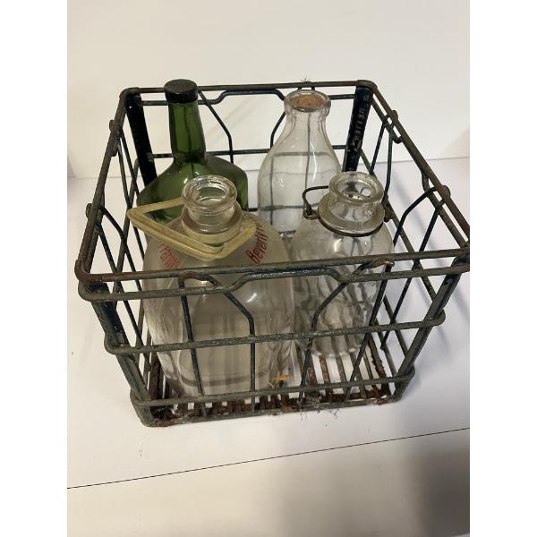 Four Vintage Glass Jars with Crate