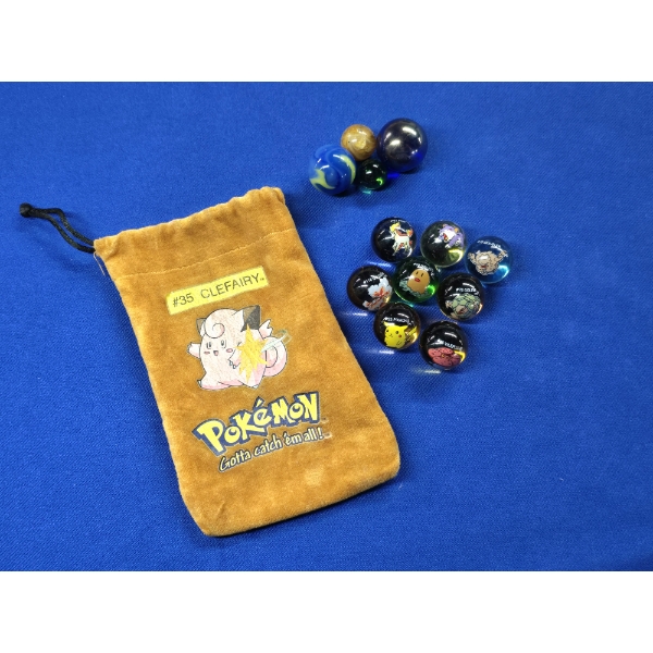 Vintage ToyBiz Pokemon Collector Marbles (8) & Rare #35 Clefairy Pouch & 4 Non-Branded Marbles