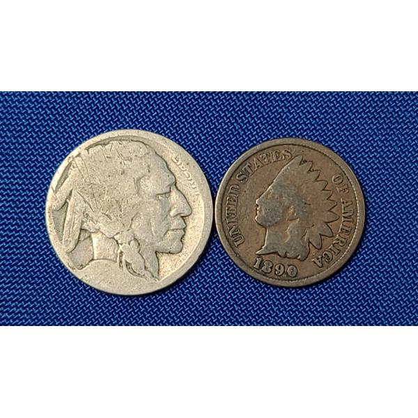United States Unknown Year Buffalo Nickel & 1890 Indian Head Cent - Face Value: $0.06