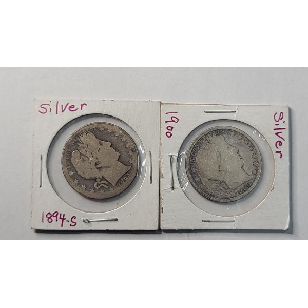 United States 1894-S & 1900 Barber 90% Silver Half Dollars - Face Value: $1.00