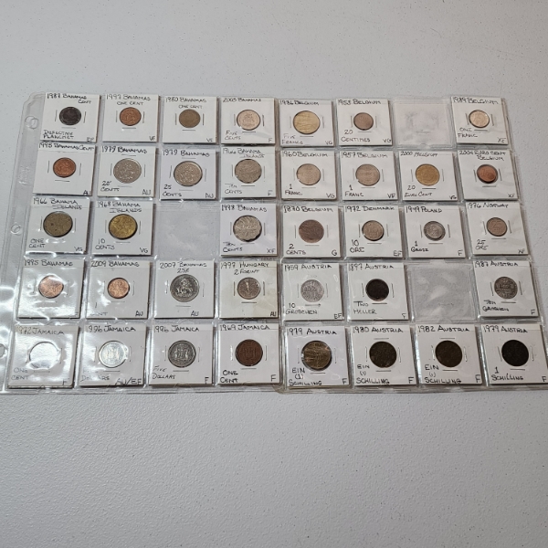 Two Binder Pages Filled with Assorted World Coins: Bahamas, Hungary, Jamaica, Belgium, & More!