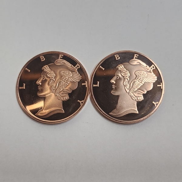 Two Mercury Head Design 1 AVDP Ounce .999 Fine Copper Rounds - 2 oz Copper Total! 