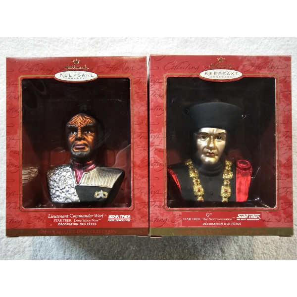 Star Trek - 2 Hallmark Keepsake Ornaments - Q and Worf with Boxes