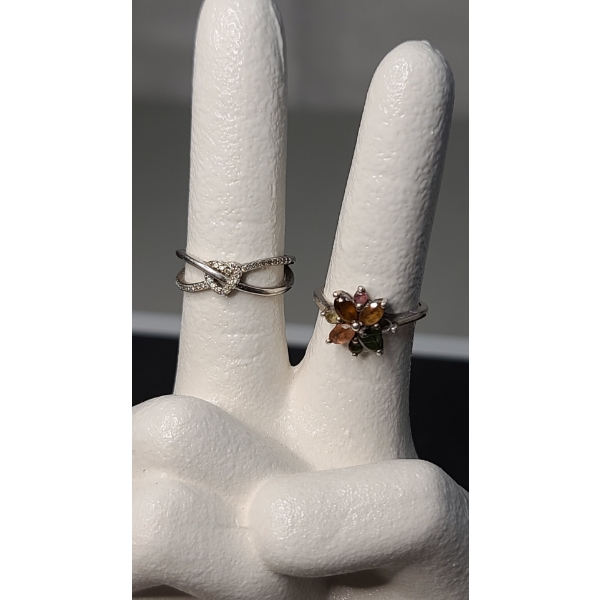 (2) Sterling Silver Rings - Flower With Beautiful Stones & Heart Infinity With Small White Stones