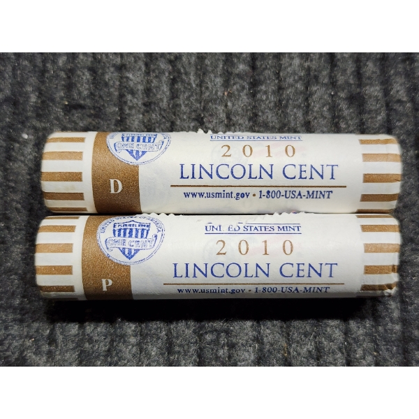 Set of Two 2010 Lincoln Cent Rolls Ft. Both Philadelphia & Denver in ORIGINAL MINT ROLLS!