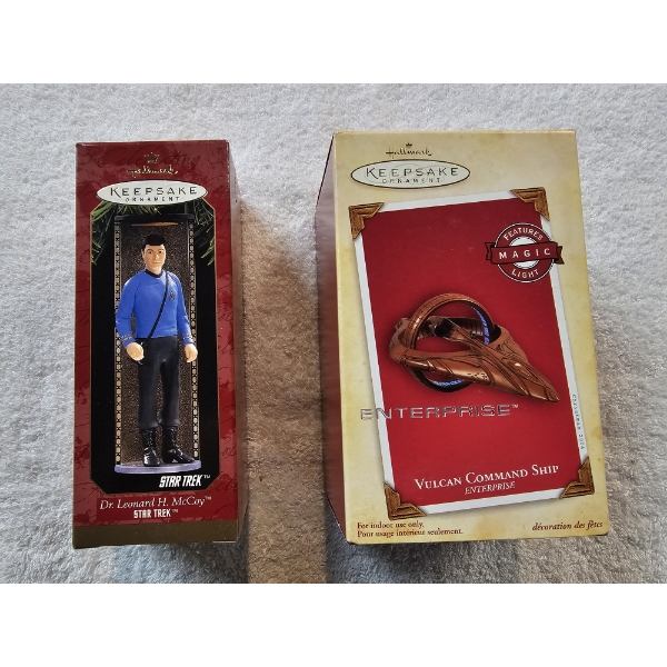 Star Trek - 2 Hallmark Keepsake Ornaments - Vulcan Command Ship and McCoy with Boxes