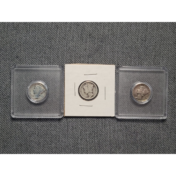 Three Mercury Silver Dimes Ft. 1918, 1934 & 1941 - In Protective Cases & Sleeve