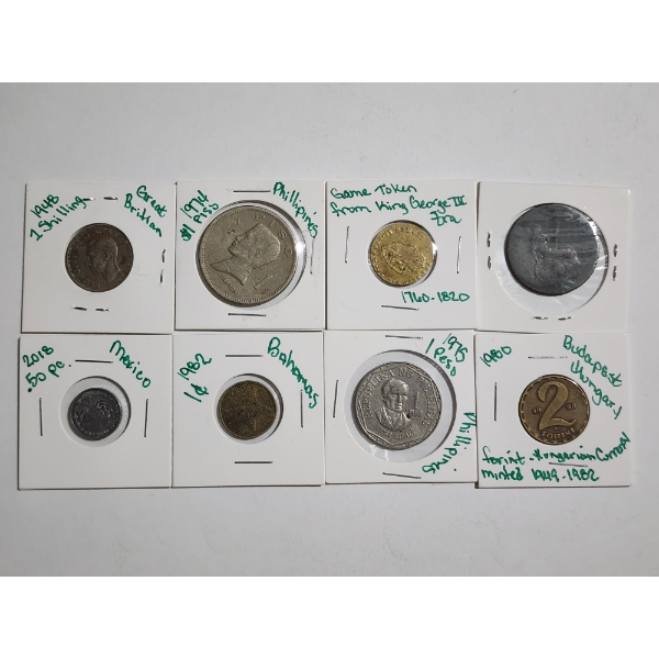 Nice Lot of 8 Assorted World Coins & Tokens ~ Many Different Countries & Years Dating Back Over 100 