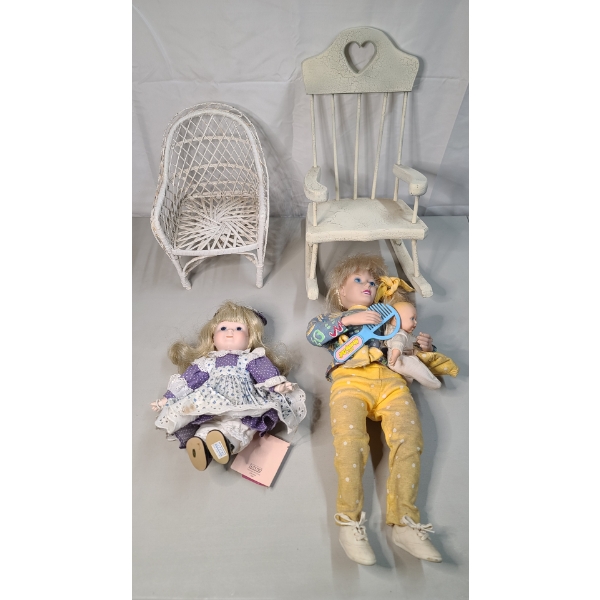 1980's Schmid Porcelain Doll & 1990s Tootsie Toy Mommy Doll Includes Rocking Chairs
