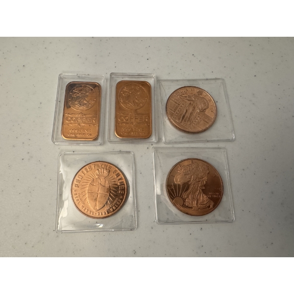 5 - One Ounce .999 Fine Copper Rounds & Bars  - All Mint Condition