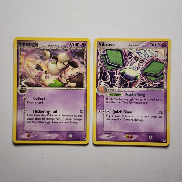 Two Vintage Non Holo Delta Species Pokemon Trading Cards - Smeargle 39/101 & Vibrava 24/101