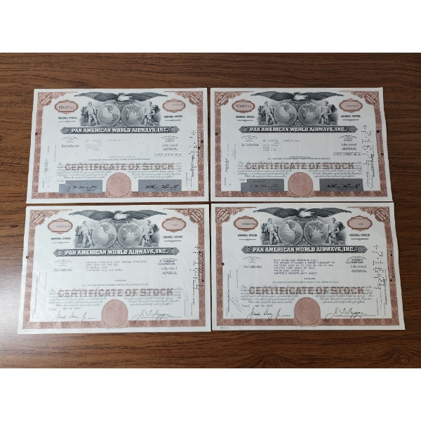Lot of (4) Pan American World Airways, INC. Stock Certificates Dated 1974, 1967