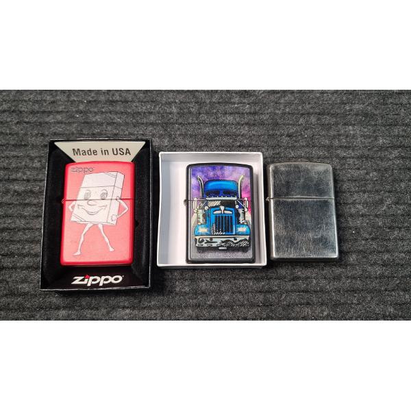 (3) Zippo Lighters Vintage Ad Character, Trucker & Chrome Plain D 11 Zippo
