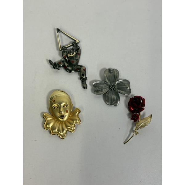 4 Brooches - Clown on Triangle - Floral Brooch Pewter - Rose - Crying Clown 