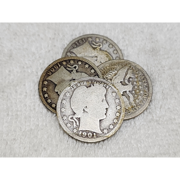 Four Assorted United States 90% Silver Barber Quarters ~ $1.00 Face Value!