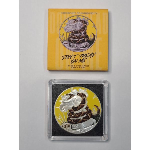 2025 U.S Colorized "Don't Tread on Me" 1 Troy Oz .999 Fine Silver American Eagle With Eagle Privy