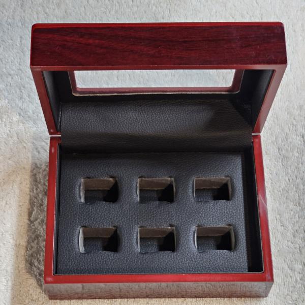 Wooden Cherry Finish 6 Slot Sports Championship Ring Display Case With Glass Window, 7"x5"
