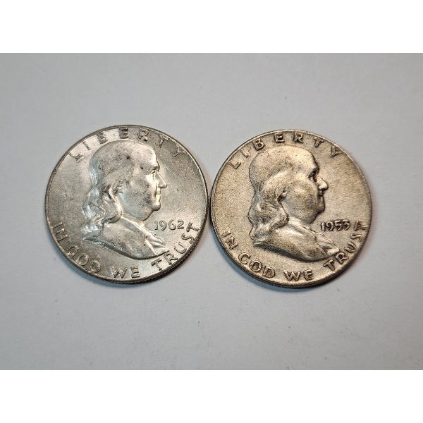 Two 90% Silver Franklin Half Dollars - 90% Silver - 1962 & 1953-D