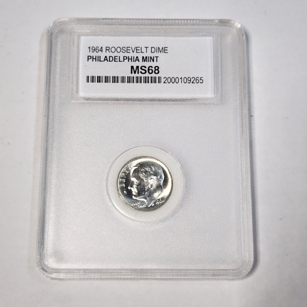 1964 Roosevelt 90% Silver Dime Graded by PCC MS68