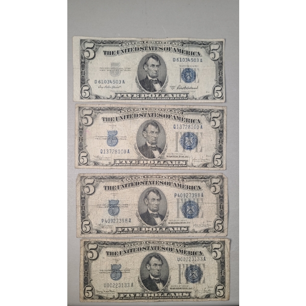 (4) Assorted Series United States $5 Silver Certificates - Face Value: $20.00