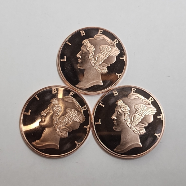 Three Mercury Head Design 1 AVDP Ounce .999 Fine Copper Rounds - 3 oz Copper Total!