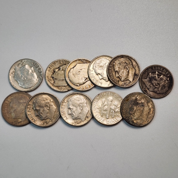 Lot of 11 Assorted Years United States 90% Silver Roosevelt Dimes - Face Value: $1.10