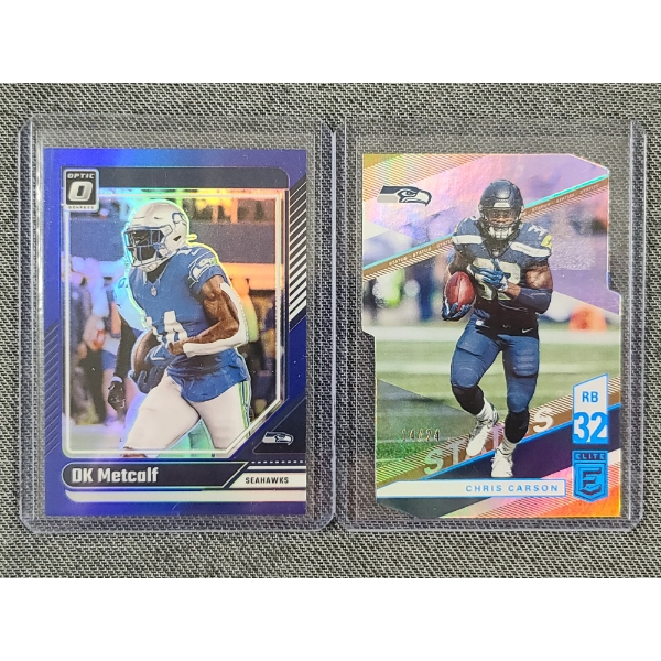 Two NUMBERED Seattle Seahawks Trading Cards Chris Carson 14/24 & DK Metcalk 138/199