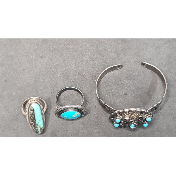 Assorted Costume Jewelry Including Turquoise Rings, Brooch & Bangle 