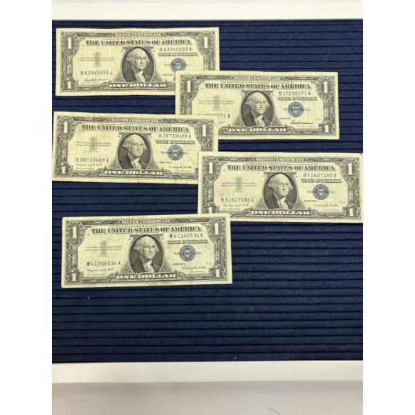 One Dollar Silver Certificates Blue Seal - 1957 (2) - 1957 A (3) - Total of 5 