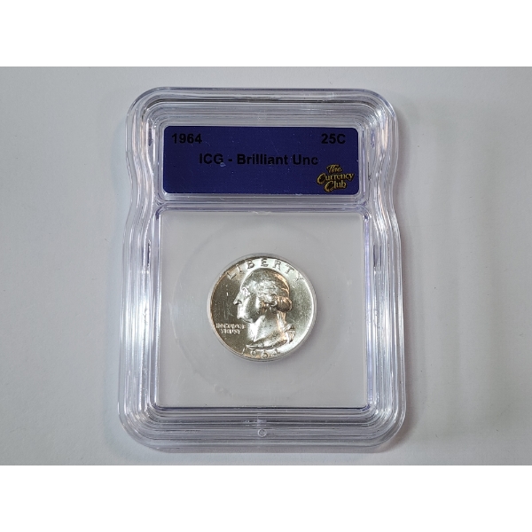 ICG Brilliant Uncirculated 1964 90% Silver Washington Quarter 
