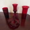 Image 1 : 4 Piece Ruby Glass Assortment Including Duncan & Miller Handled Candy Dish