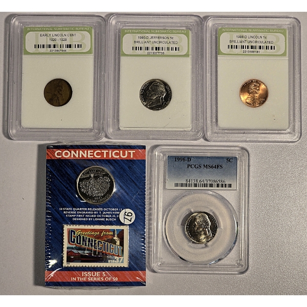 Lot of 3 INB Certified Coins, 1 PCGS MS64FS 1996-D Nickel & a set of State Quarters & Stamps $1.25FV