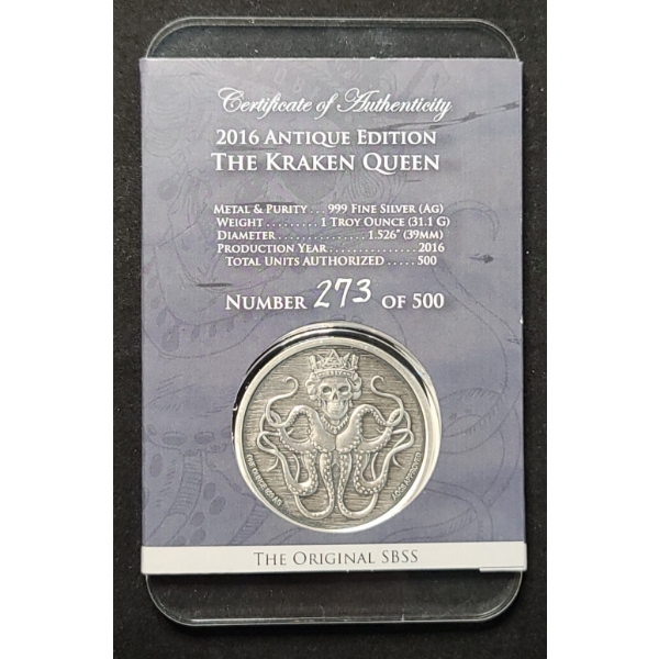 2016 Antique Edition "The Kraken Queen" 1 Troy Oz .999 Fine Silver Coin - Mintage 273/500