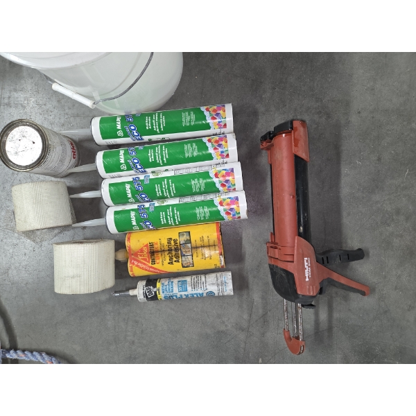 Hilti Caulk Gun, 7 Tubes Of Adhesive & More In 5 Gallon Bucket