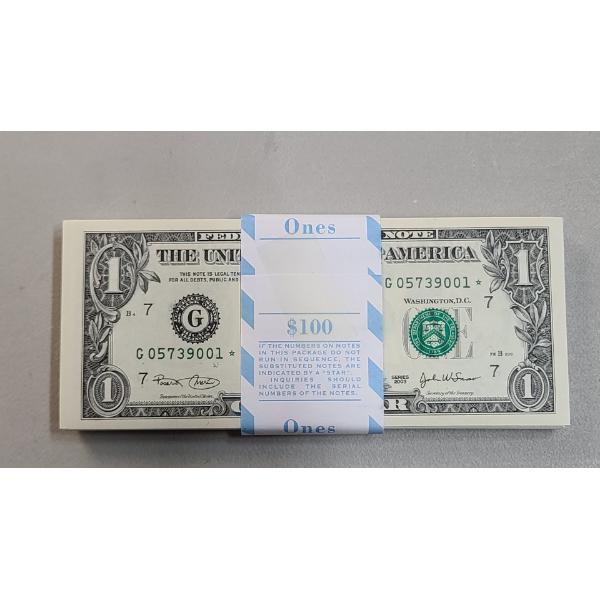 $100 Uncirculated Sequential BEP Wrapped Series 2003 Federal Reserve $1 STAR Notes - FV: $100