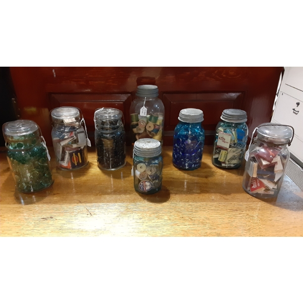 8 Pc Group Vintage Ball, Atlas Mason Jars With Various Collectibles, Glass Jewels & More - See Pics