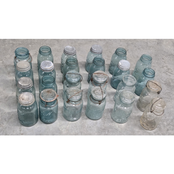 Large Collection Of Blue Glass Ball & Atlas Quart Jars 